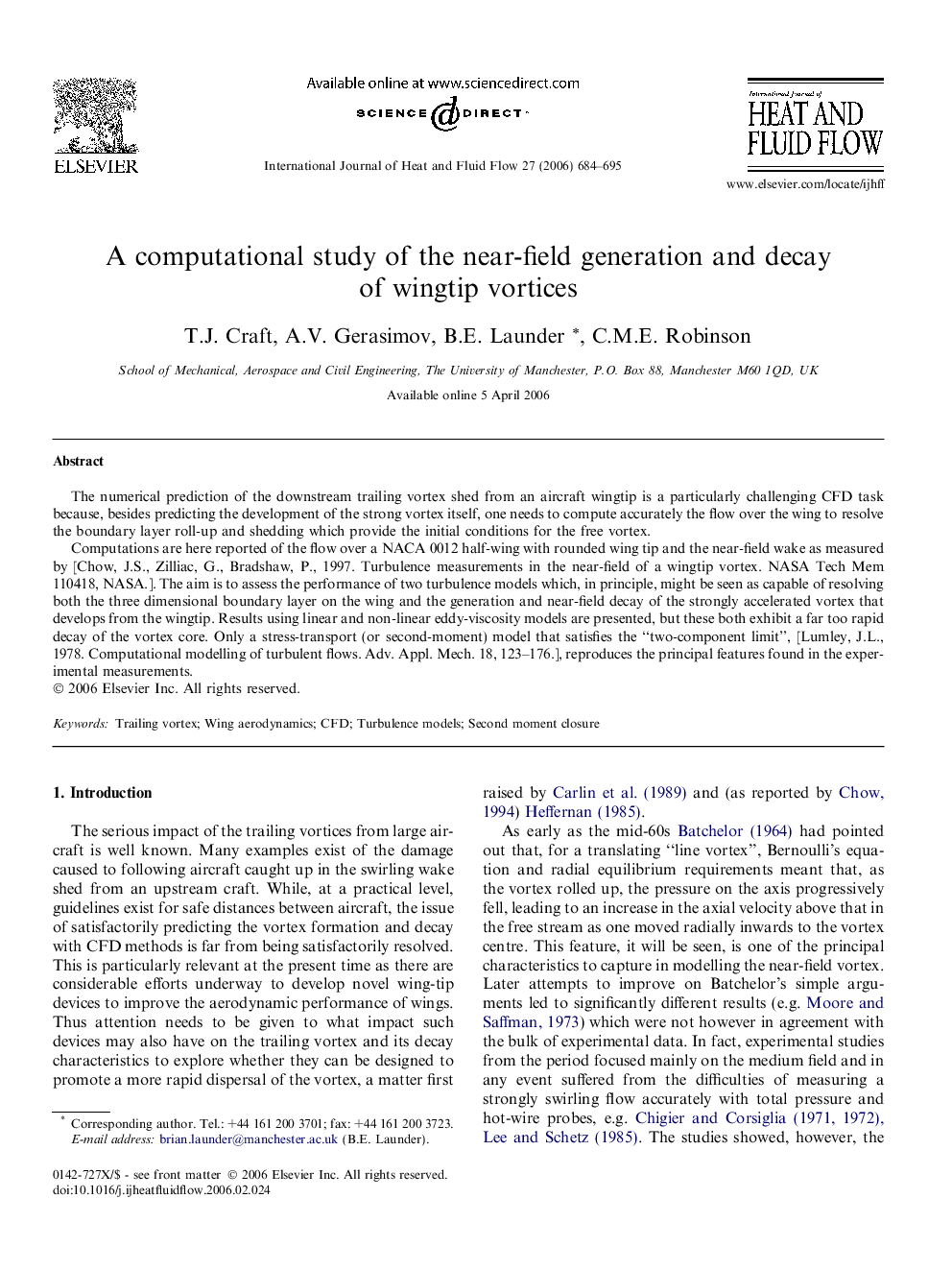 A computational study of the near-field generation and decay of wingtip vortices