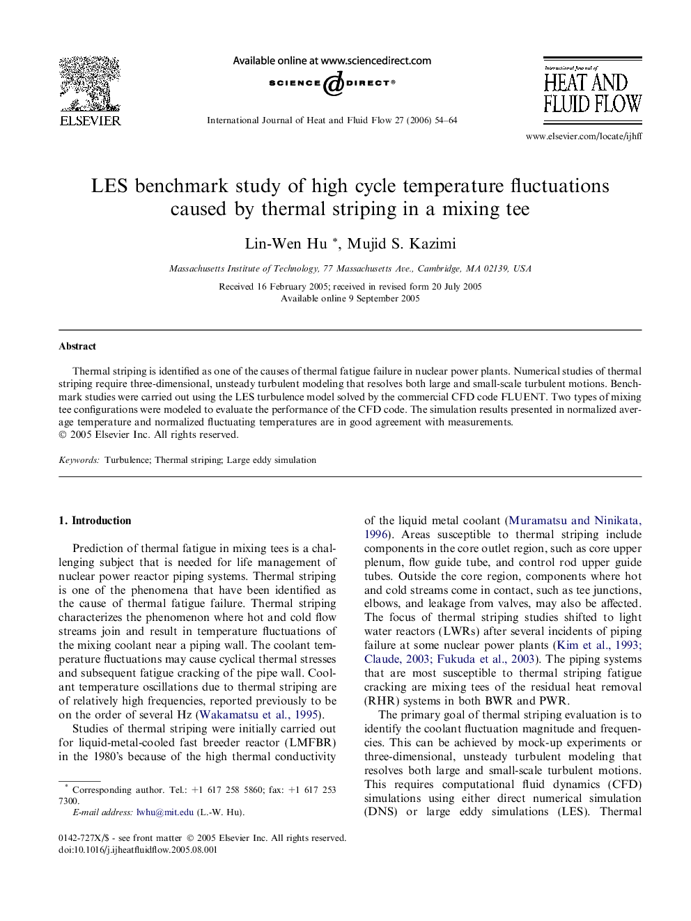 عکس صفحه اول مقاله: LES benchmark study of high cycle temperature fluctuations caused by thermal striping in a mixing tee LES benchmark study of high cycle temperature fluctuations caused by thermal striping in a mixing tee