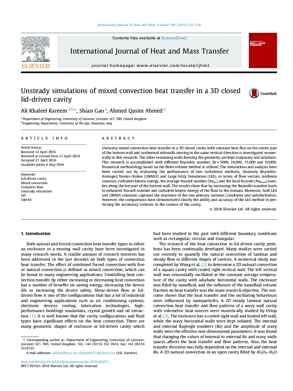 Unsteady simulations of mixed convection heat transfer in a 3D closed lid-driven cavity