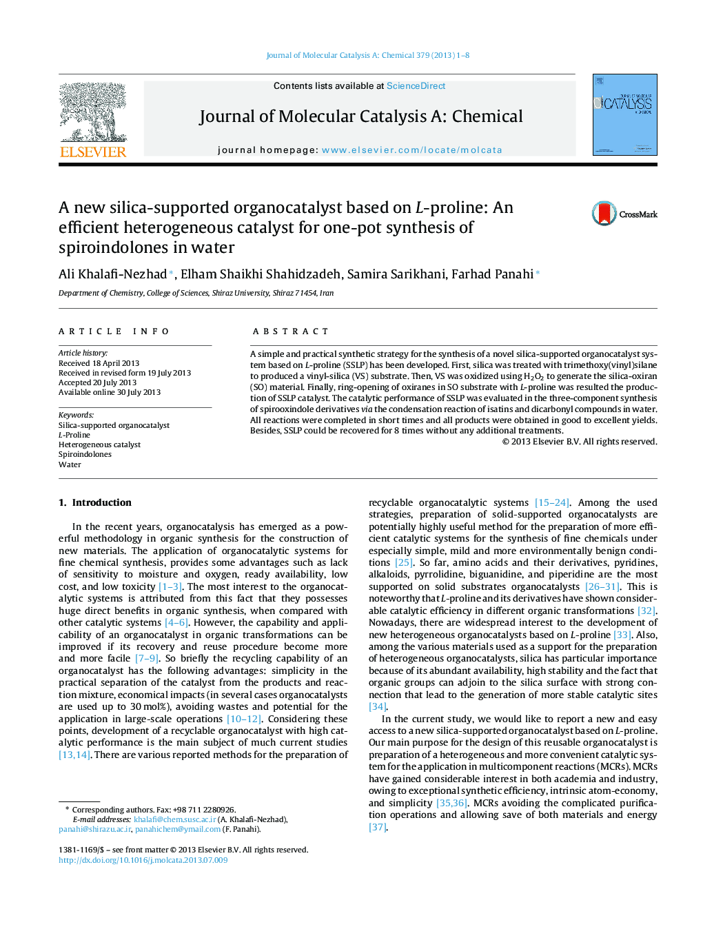 A new silica-supported organocatalyst based on L-proline: An efficient heterogeneous catalyst for one-pot synthesis of spiroindolones in water