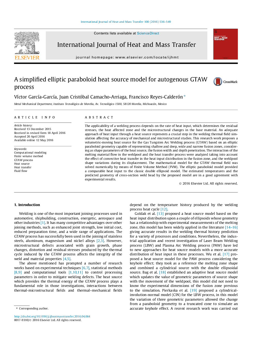 A simplified elliptic paraboloid heat source model for autogenous GTAW process