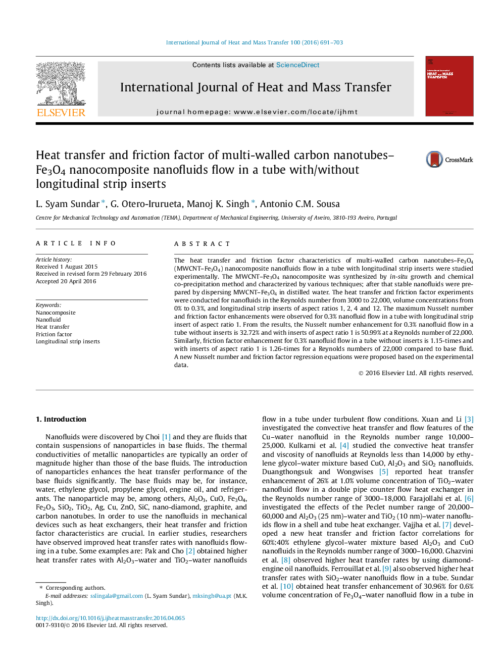 Heat transfer and friction factor of multi-walled carbon nanotubes-Fe3O4 nanocomposite nanofluids flow in a tube with/without longitudinal strip inserts