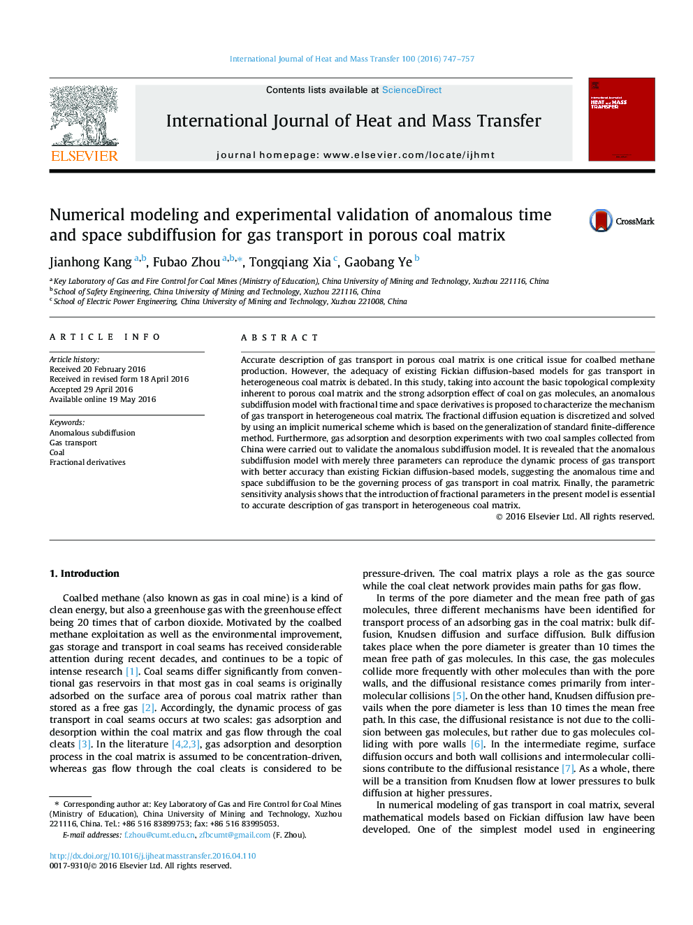 Numerical modeling and experimental validation of anomalous time and space subdiffusion for gas transport in porous coal matrix