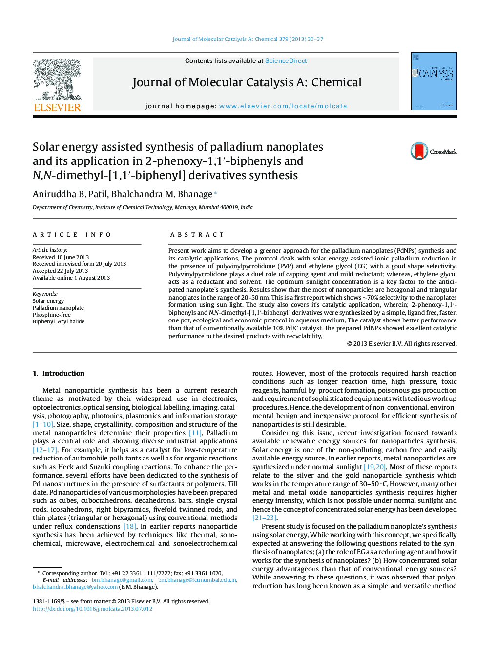 Solar energy assisted synthesis of palladium nanoplates and its application in 2-phenoxy-1,1′-biphenyls and N,N-dimethyl-[1,1′-biphenyl] derivatives synthesis