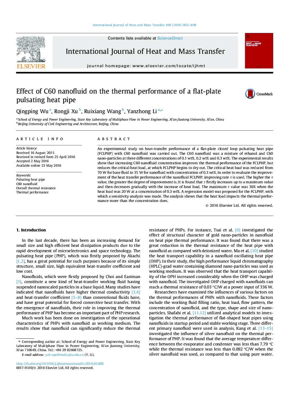 Effect of C60 nanofluid on the thermal performance of a flat-plate pulsating heat pipe