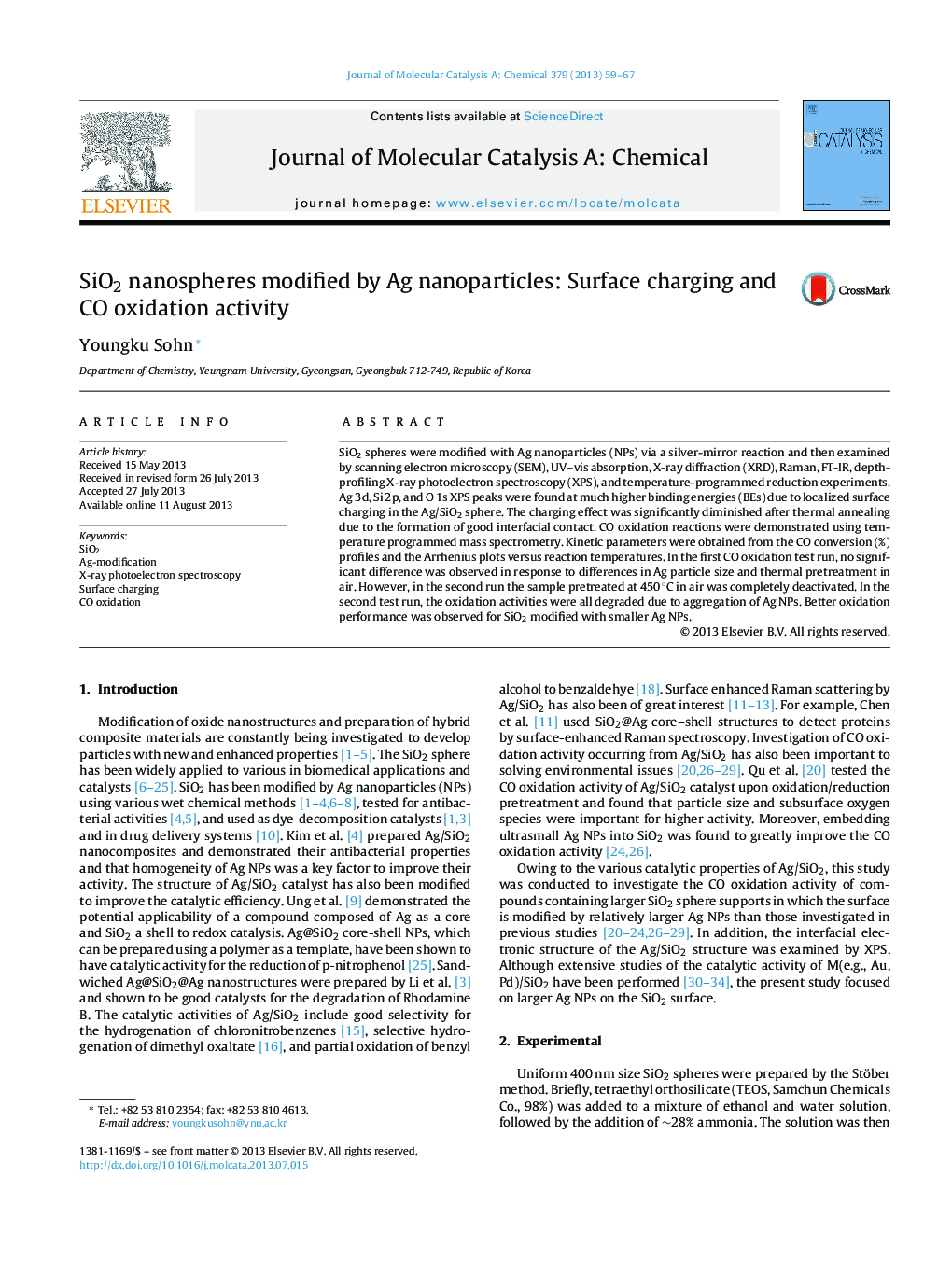 SiO2 nanospheres modified by Ag nanoparticles: Surface charging and CO oxidation activity