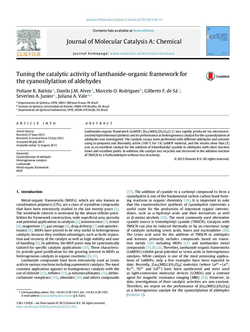 Tuning the catalytic activity of lanthanide-organic framework for the cyanosilylation of aldehydes