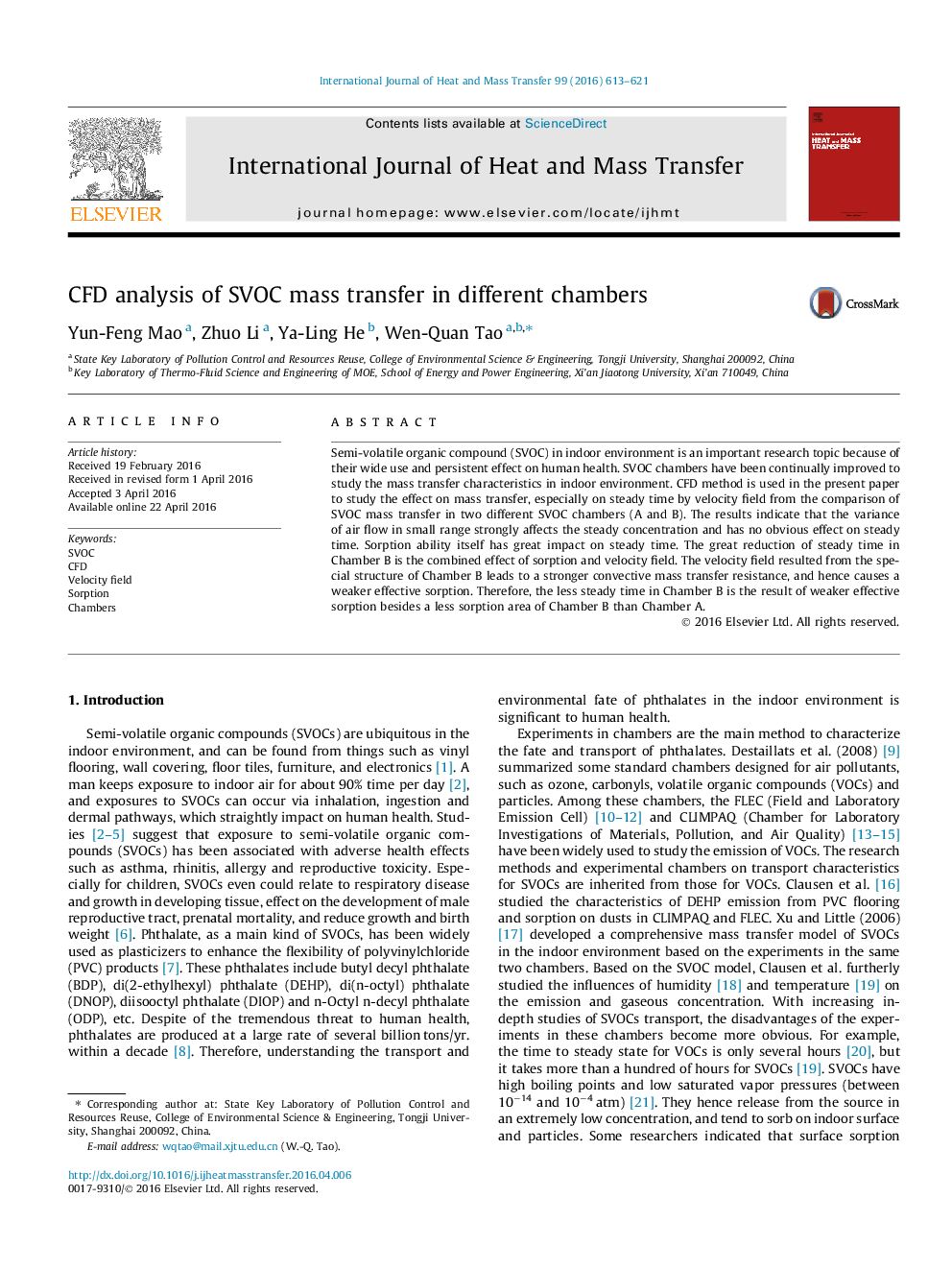 CFD analysis of SVOC mass transfer in different chambers