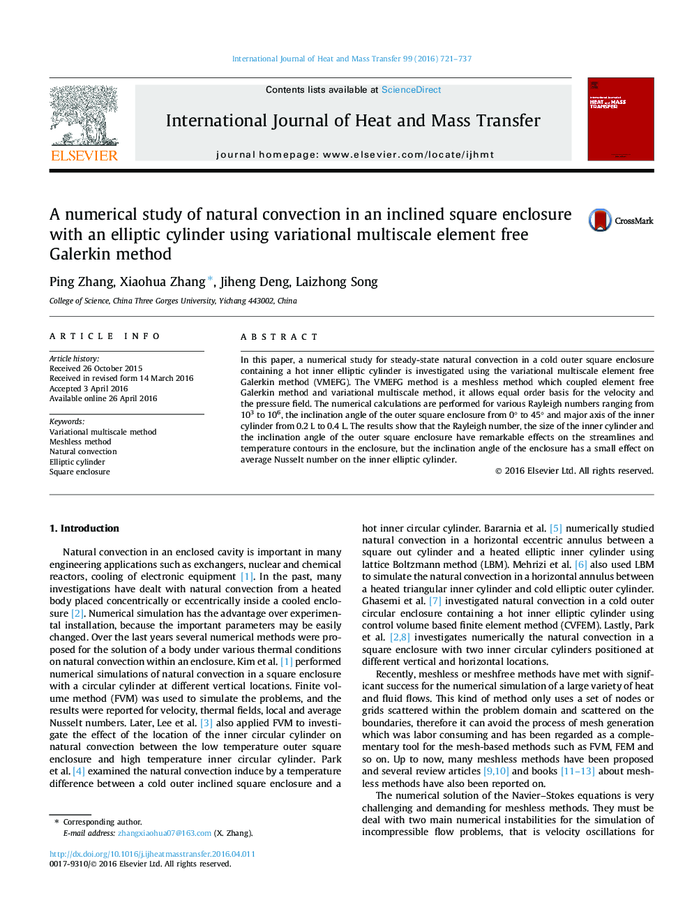 A numerical study of natural convection in an inclined square enclosure with an elliptic cylinder using variational multiscale element free Galerkin method