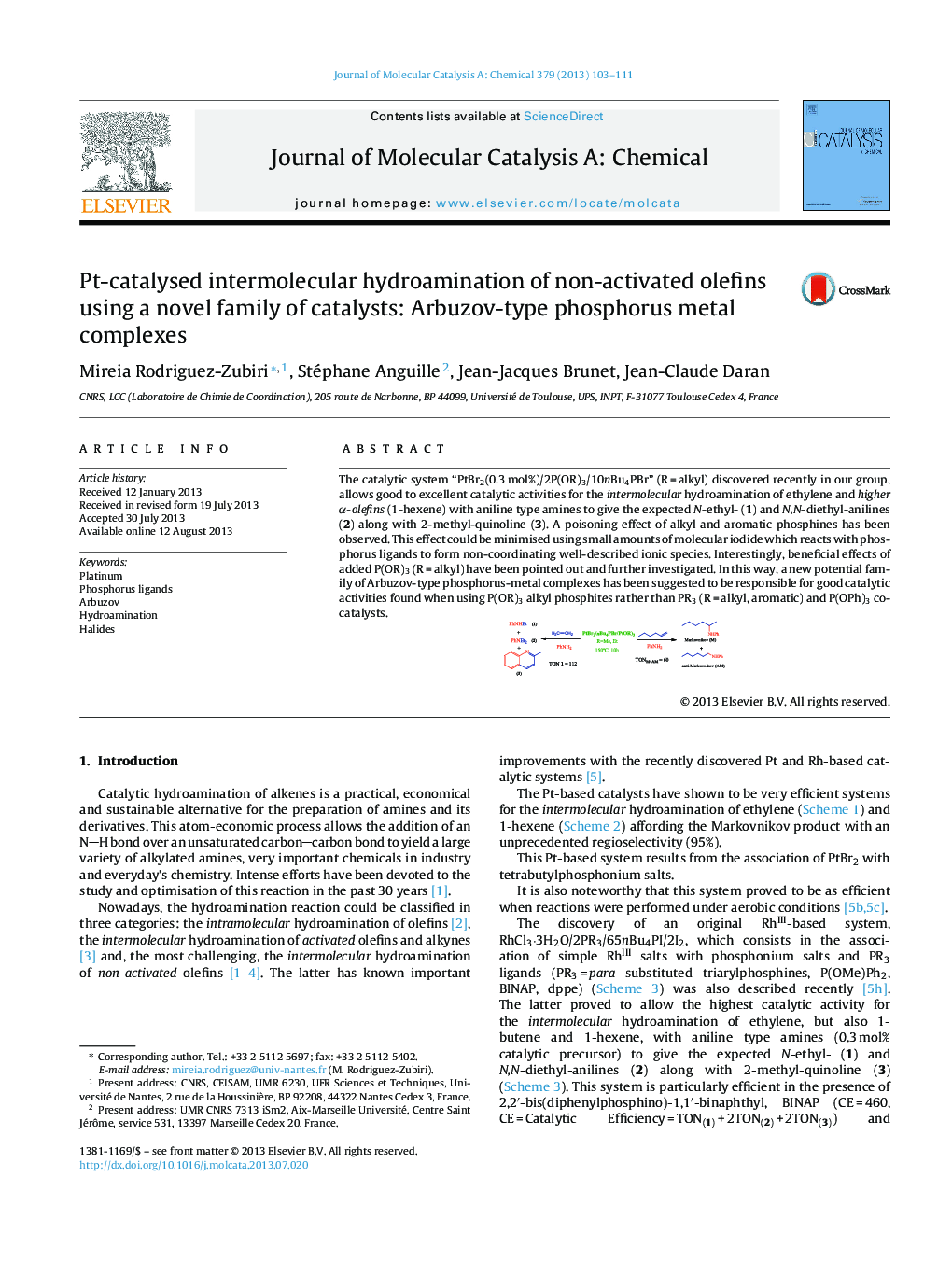 Pt-catalysed intermolecular hydroamination of non-activated olefins using a novel family of catalysts: Arbuzov-type phosphorus metal complexes