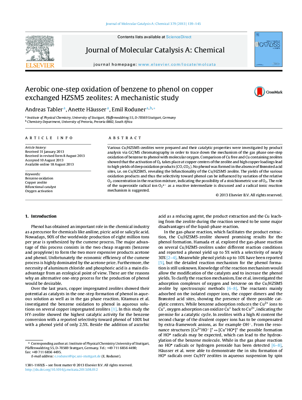 Aerobic one-step oxidation of benzene to phenol on copper exchanged HZSM5 zeolites: A mechanistic study