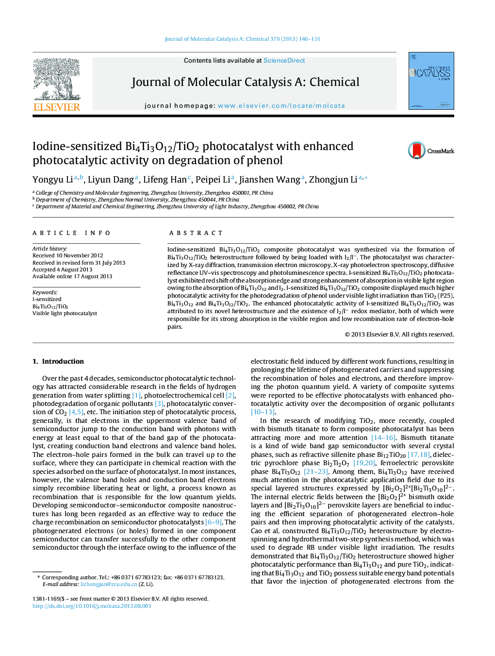 Iodine-sensitized Bi4Ti3O12/TiO2 photocatalyst with enhanced photocatalytic activity on degradation of phenol