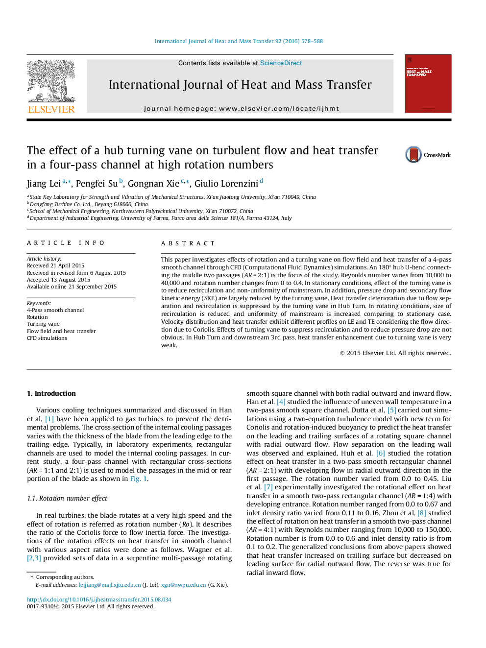 The effect of a hub turning vane on turbulent flow and heat transfer in a four-pass channel at high rotation numbers