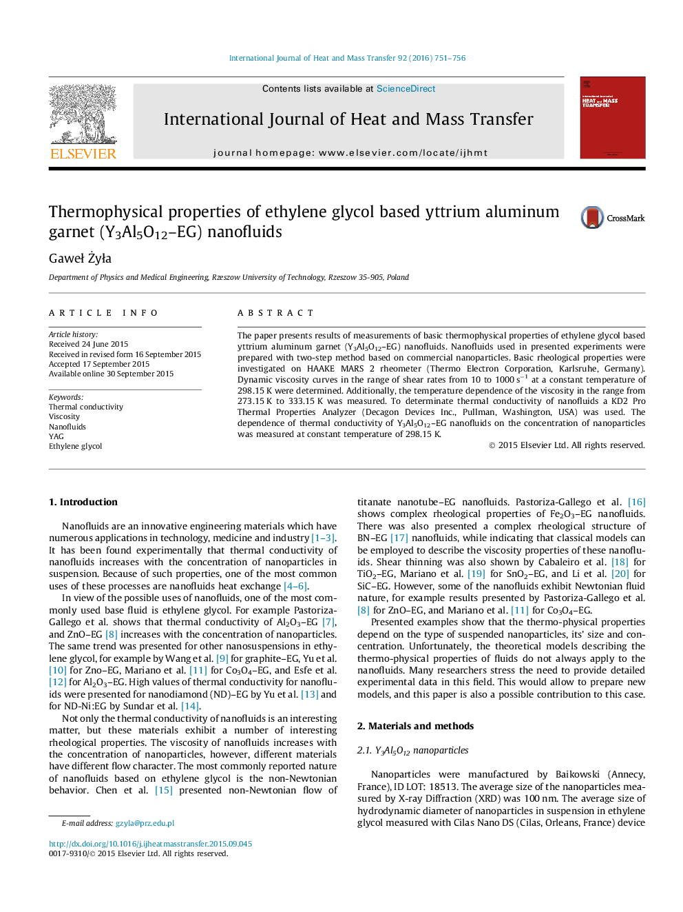 Thermophysical properties of ethylene glycol based yttrium aluminum garnet (Y3Al5O12–EG) nanofluids