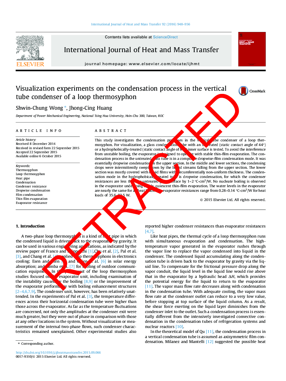 RETRACTED: Visualization experiments on the condensation process in the vertical tube condenser of a loop thermosyphon