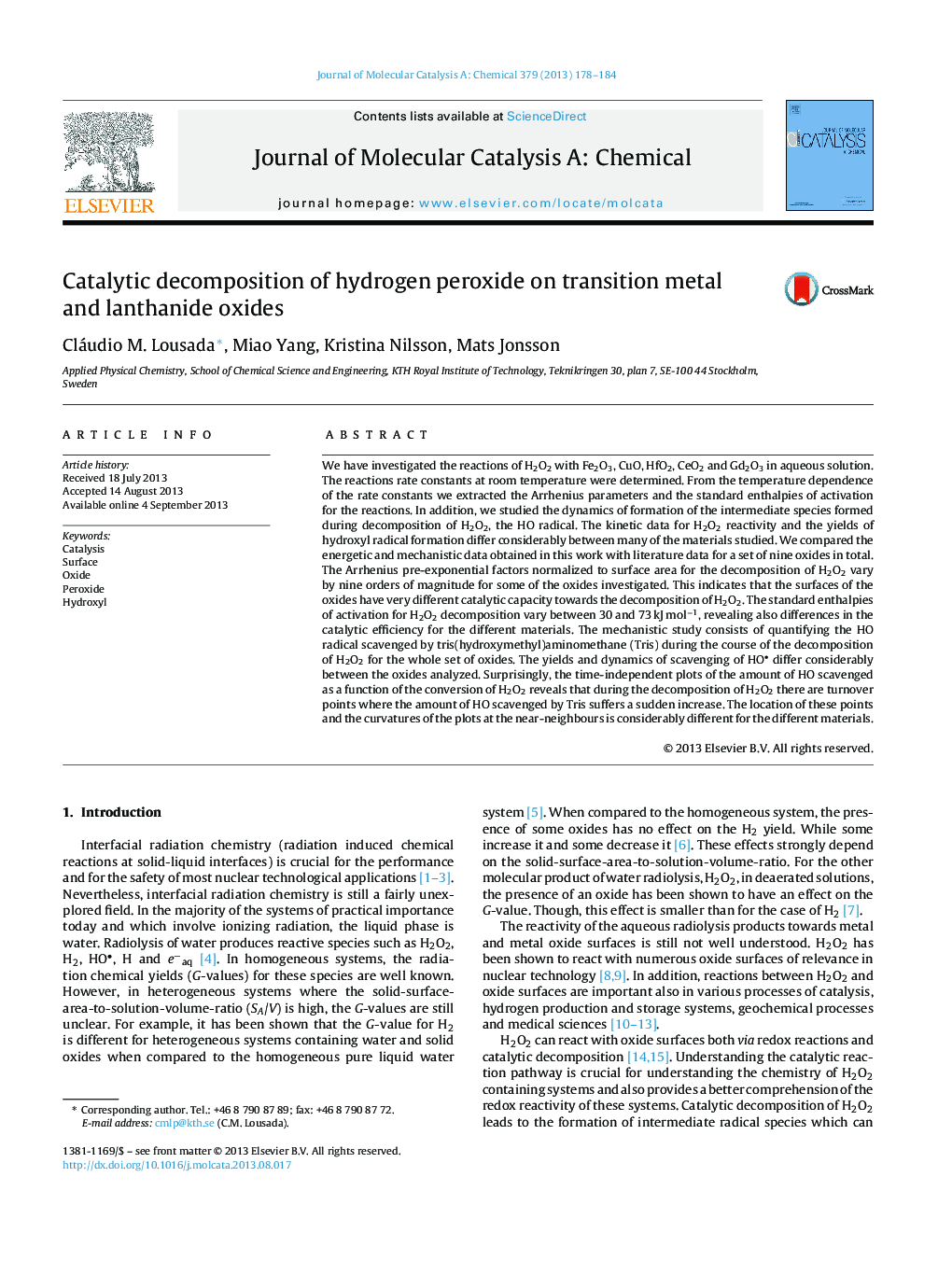 Catalytic decomposition of hydrogen peroxide on transition metal and lanthanide oxides