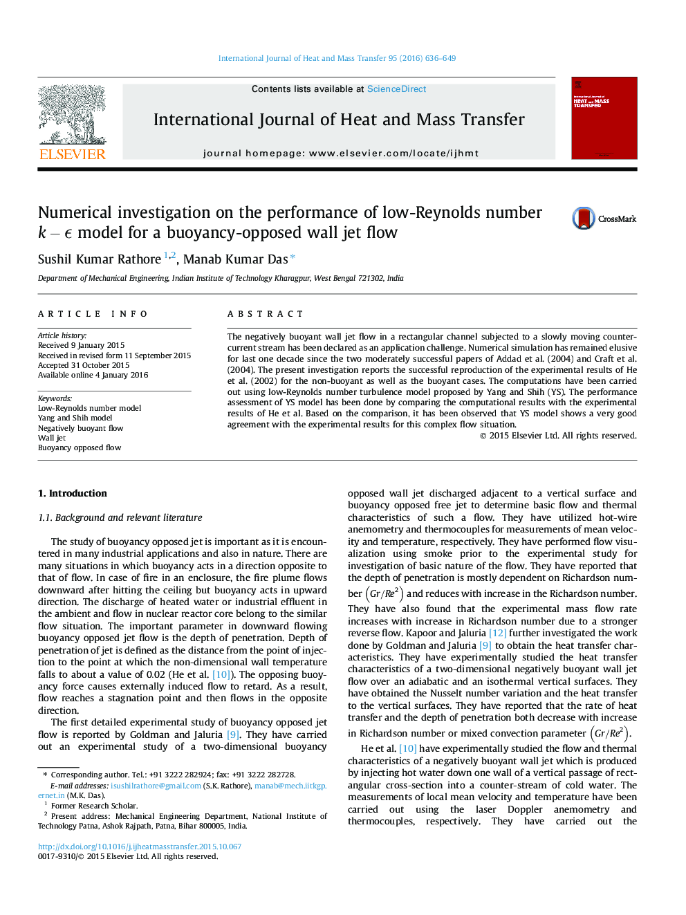 Numerical investigation on the performance of low-Reynolds number k-∊k-∊ model for a buoyancy-opposed wall jet flow