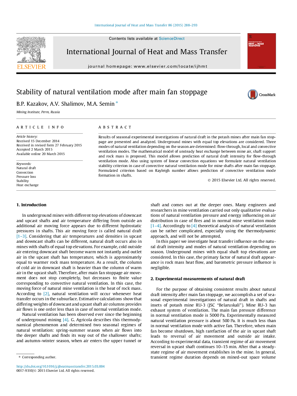 Stability of natural ventilation mode after main fan stoppage