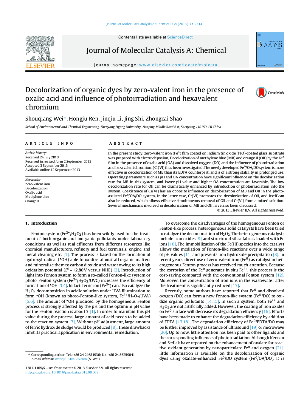 Decolorization of organic dyes by zero-valent iron in the presence of oxalic acid and influence of photoirradiation and hexavalent chromium