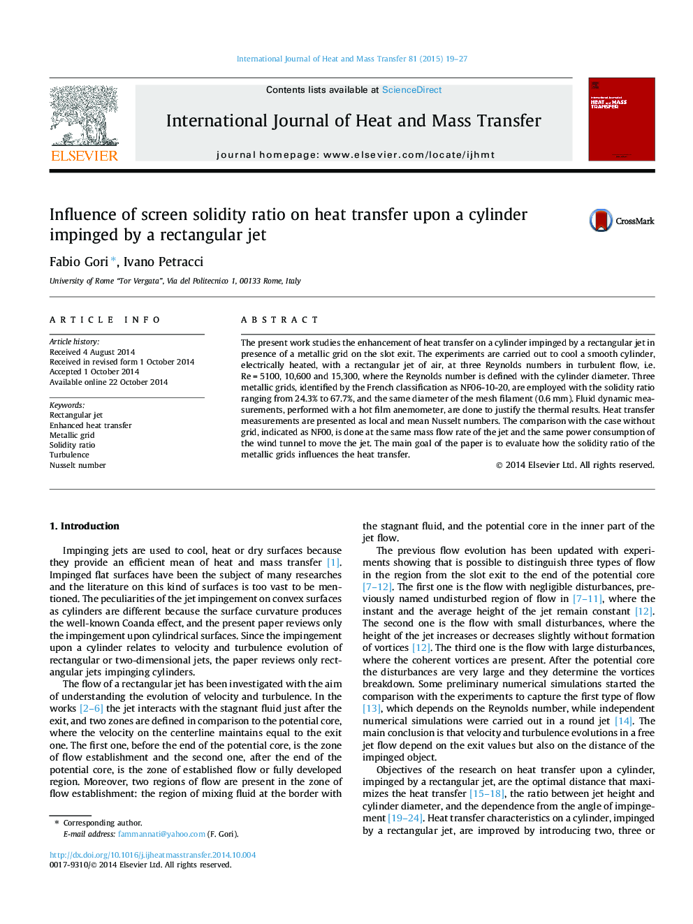 Influence of screen solidity ratio on heat transfer upon a cylinder impinged by a rectangular jet