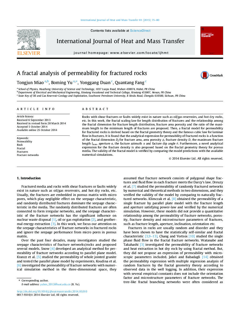 A fractal analysis of permeability for fractured rocks