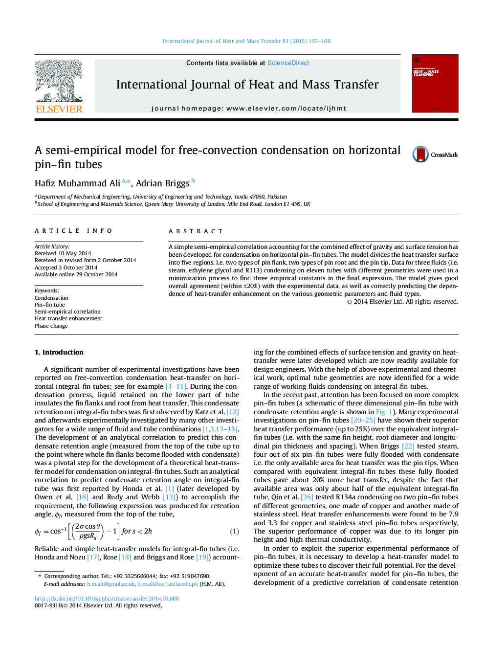 A semi-empirical model for free-convection condensation on horizontal pin–fin tubes