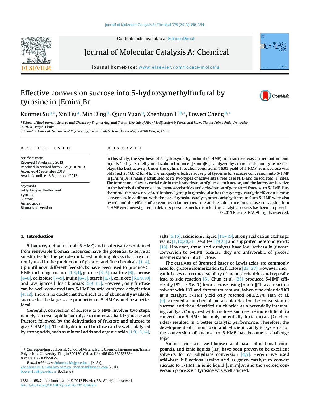 Effective conversion sucrose into 5-hydroxymethylfurfural by tyrosine in [Emim]Br