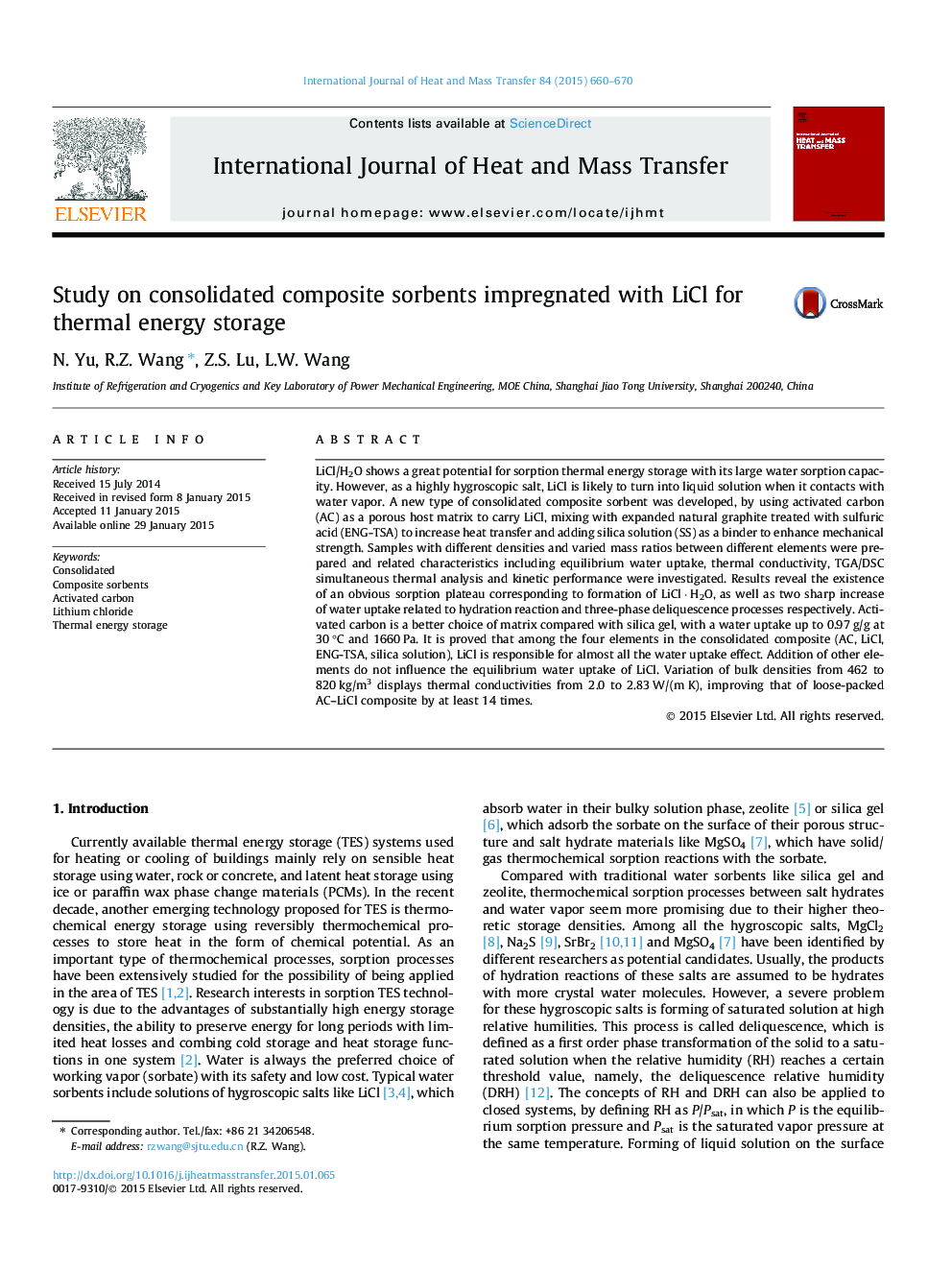 Study on consolidated composite sorbents impregnated with LiCl for thermal energy storage