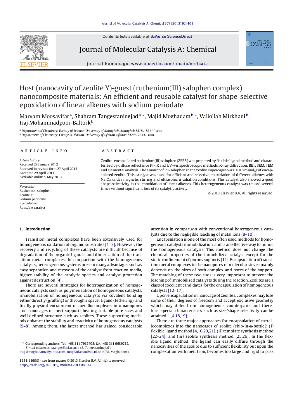 Host (nanocavity of zeolite Y)-guest (ruthenium(III) salophen complex) nanocomposite materials: An efficient and reusable catalyst for shape-selective epoxidation of linear alkenes with sodium periodate