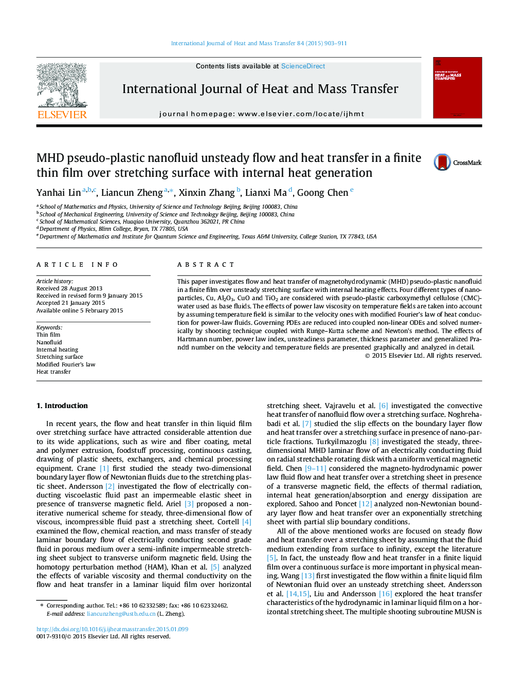 MHD pseudo-plastic nanofluid unsteady flow and heat transfer in a finite thin film over stretching surface with internal heat generation