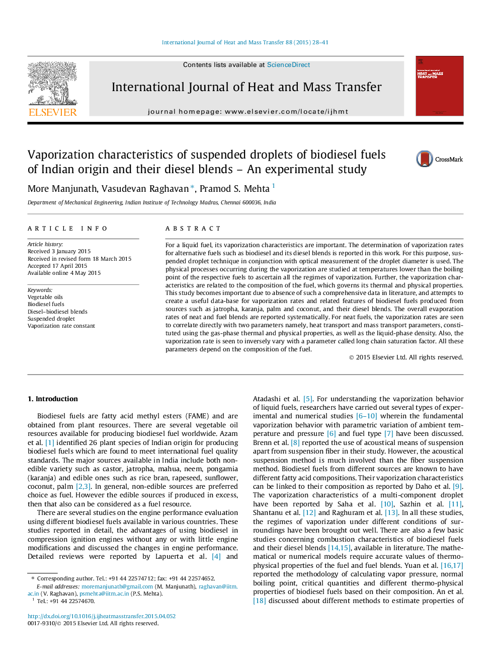 Vaporization characteristics of suspended droplets of biodiesel fuels of Indian origin and their diesel blends - An experimental study