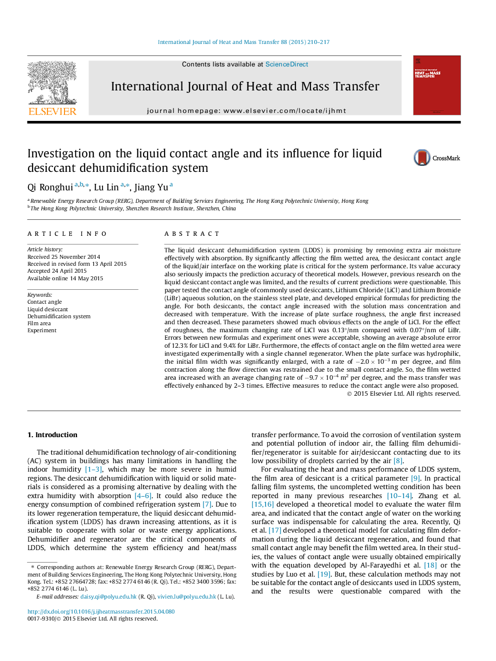 Investigation on the liquid contact angle and its influence for liquid desiccant dehumidification system