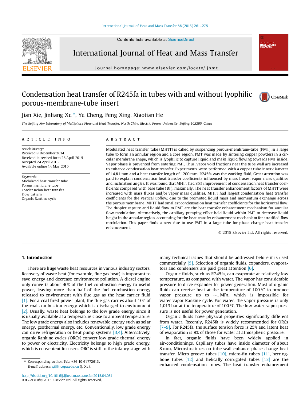 Condensation heat transfer of R245fa in tubes with and without lyophilic porous-membrane-tube insert