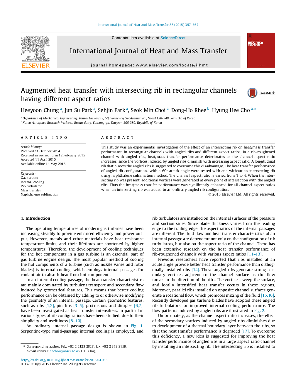 Augmented heat transfer with intersecting rib in rectangular channels having different aspect ratios