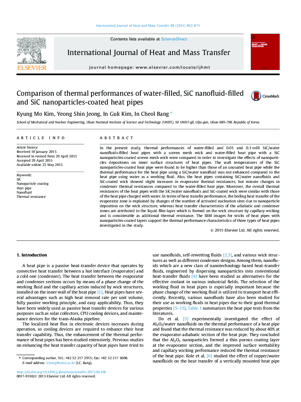 Comparison of thermal performances of water-filled, SiC nanofluid-filled and SiC nanoparticles-coated heat pipes