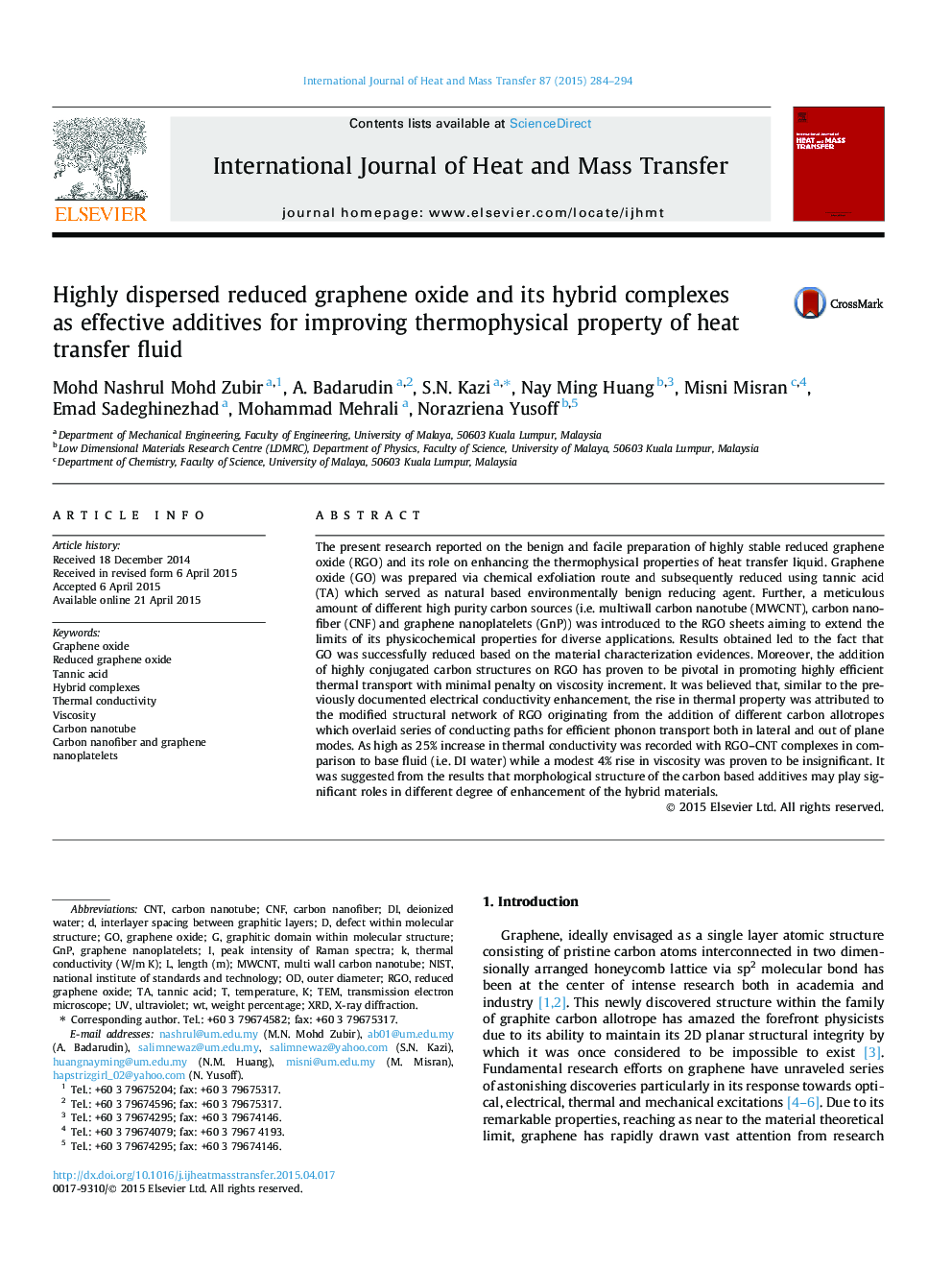 Highly dispersed reduced graphene oxide and its hybrid complexes as effective additives for improving thermophysical property of heat transfer fluid