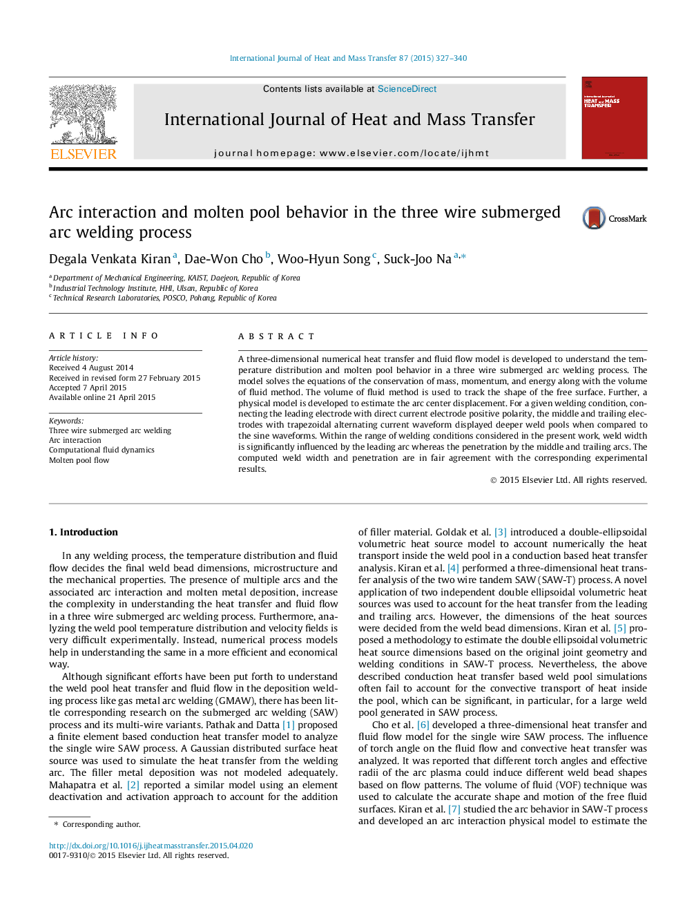 Arc interaction and molten pool behavior in the three wire submerged arc welding process