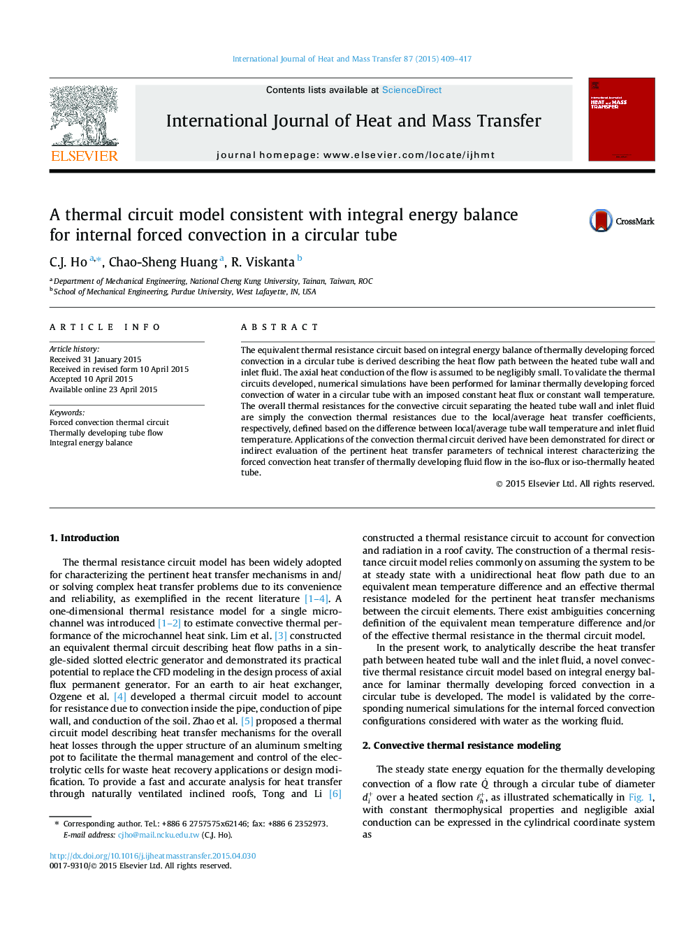 A thermal circuit model consistent with integral energy balance for internal forced convection in a circular tube