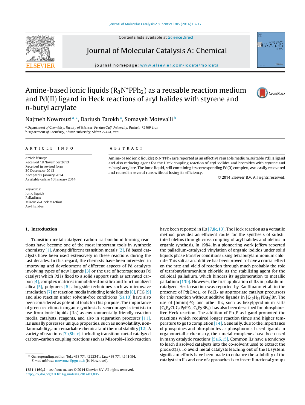 Amine-based ionic liquids (R3N+PPh2) as a reusable reaction medium and Pd(II) ligand in Heck reactions of aryl halides with styrene and n-butyl acrylate