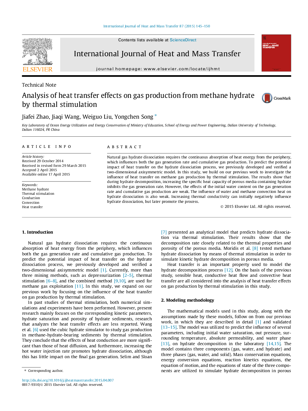 Analysis of heat transfer effects on gas production from methane hydrate by thermal stimulation