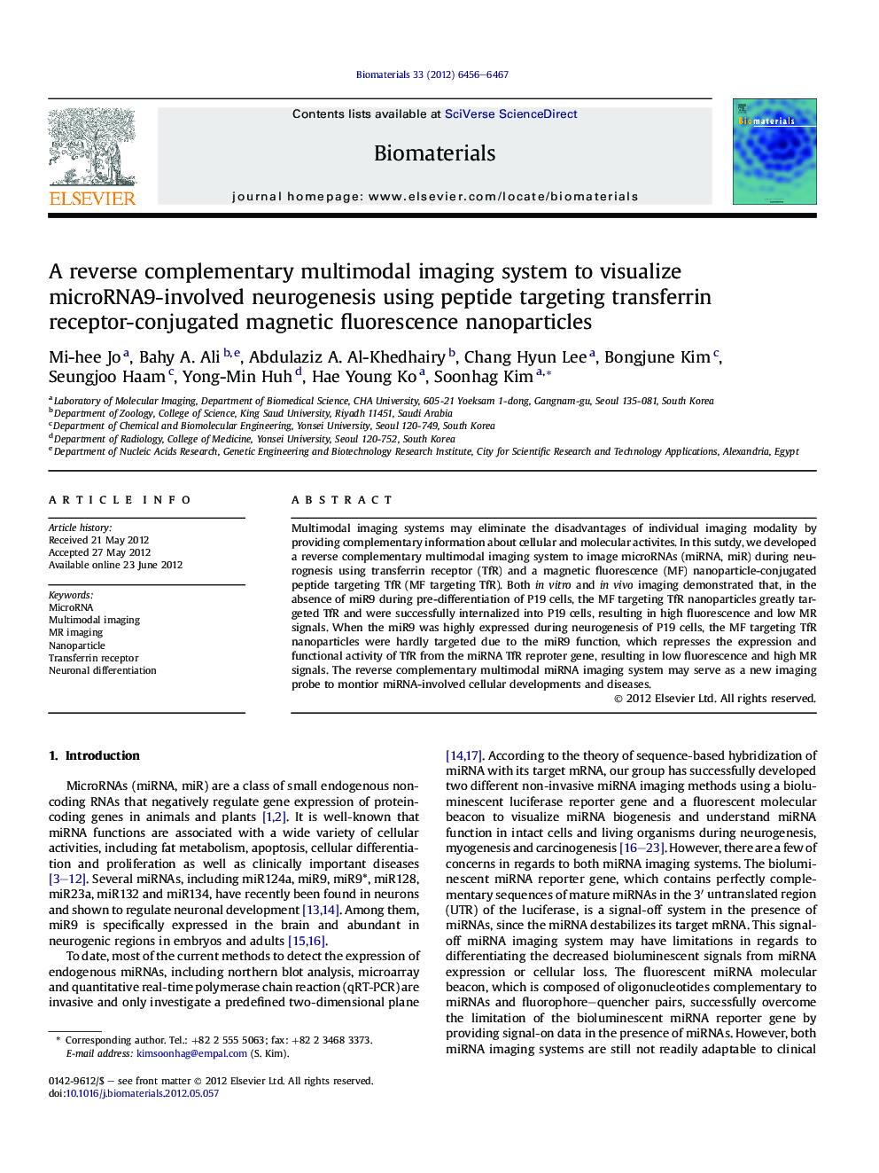 A reverse complementary multimodal imaging system to visualize microRNA9-involved neurogenesis using peptide targeting transferrin receptor-conjugated magnetic fluorescence nanoparticles