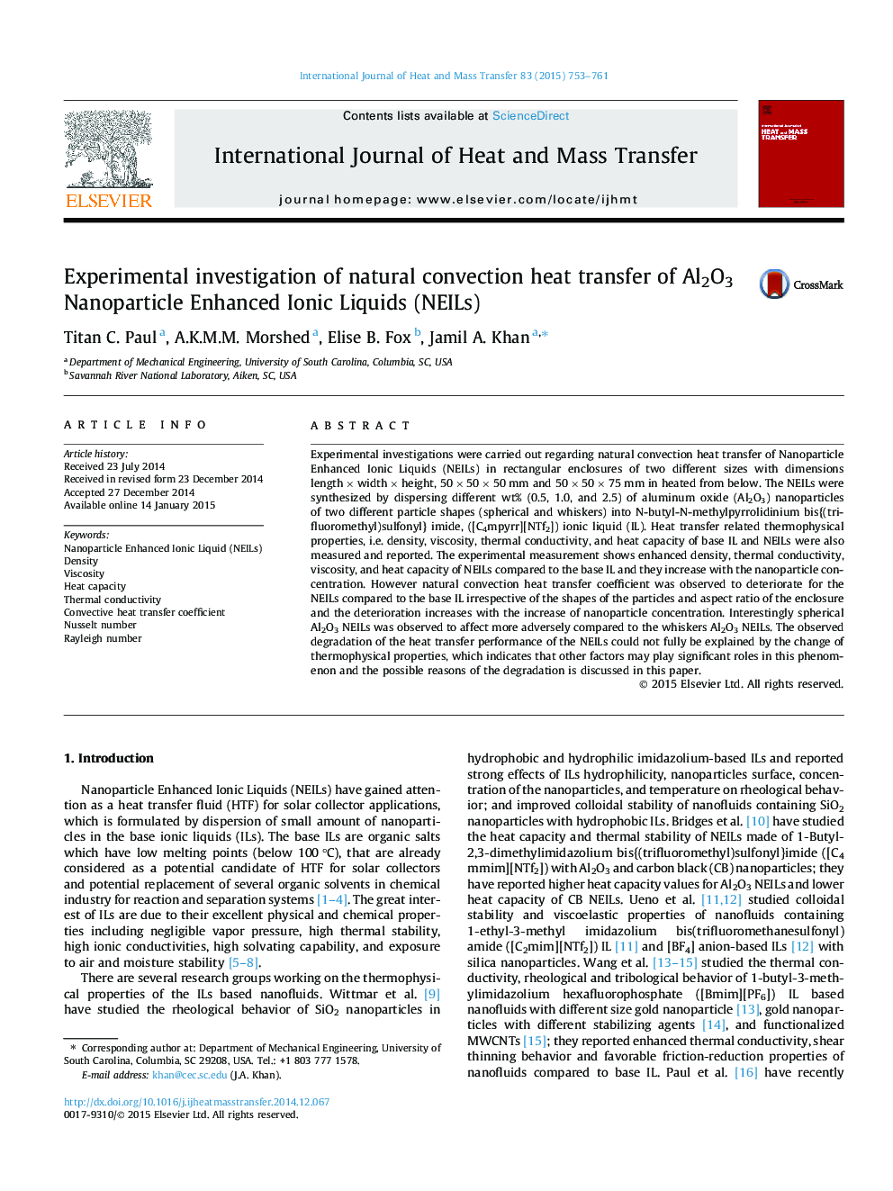 Experimental investigation of natural convection heat transfer of Al2O3 Nanoparticle Enhanced Ionic Liquids (NEILs)