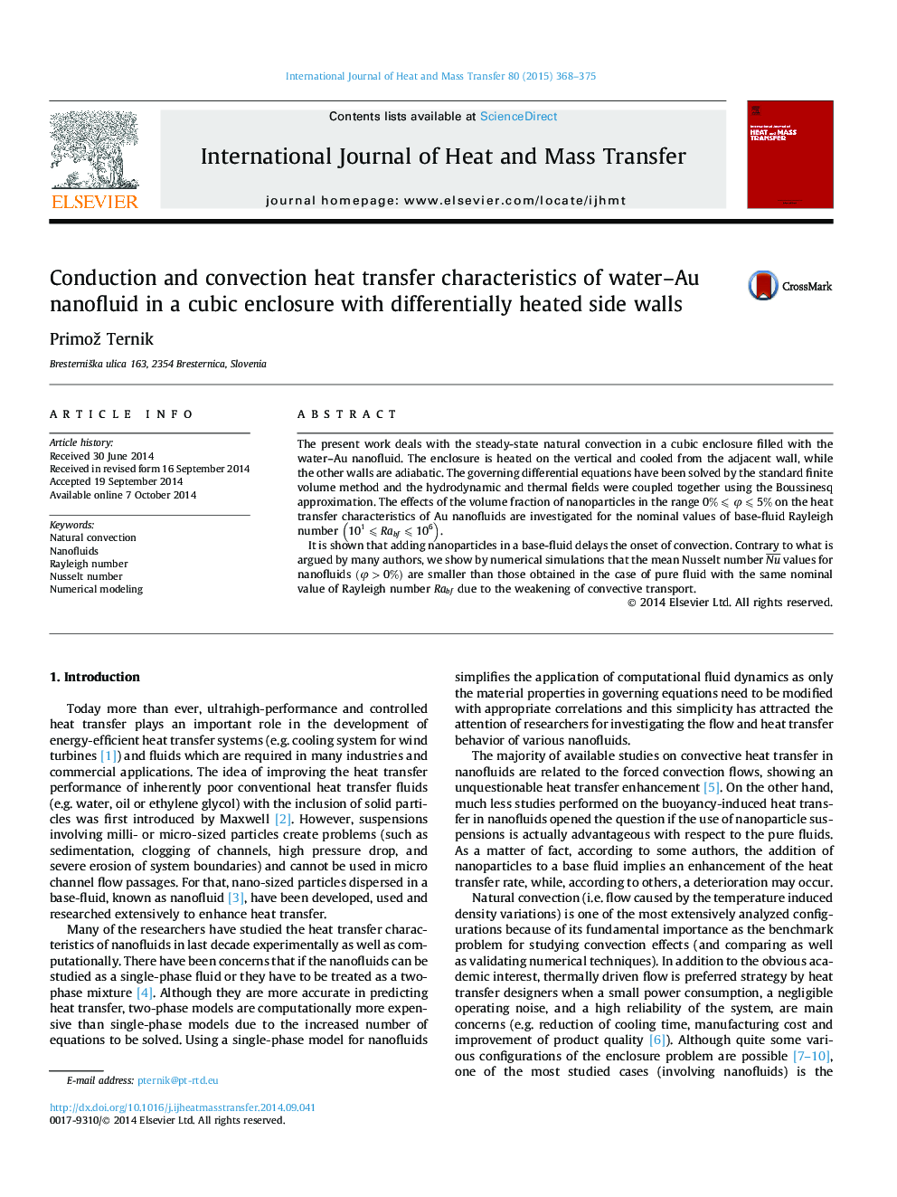 Conduction and convection heat transfer characteristics of water–Au nanofluid in a cubic enclosure with differentially heated side walls