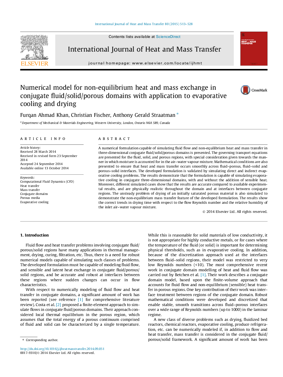 Numerical model for non-equilibrium heat and mass exchange in conjugate fluid/solid/porous domains with application to evaporative cooling and drying