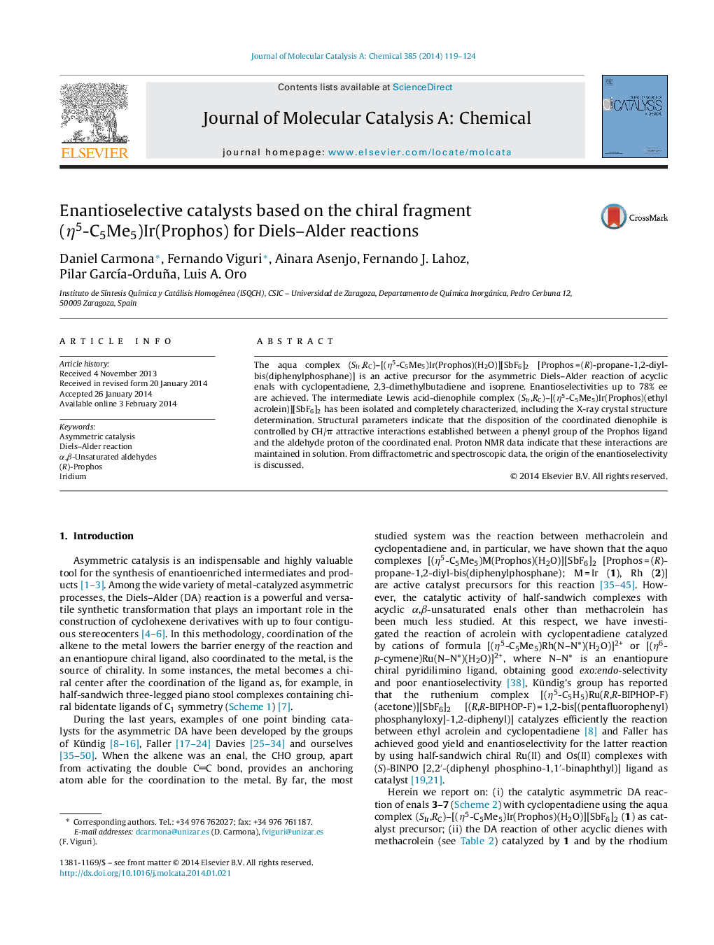 عکس صفحه اول مقاله: Enantioselective catalysts based on the chiral fragment (η5-C5Me5)Ir(Prophos) for Diels–Alder reactions Enantioselective catalysts based on the chiral fragment (η5-C5Me5)Ir(Prophos) for Diels–Alder reactions