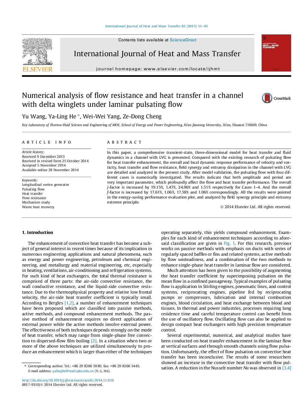 Numerical analysis of flow resistance and heat transfer in a channel with delta winglets under laminar pulsating flow