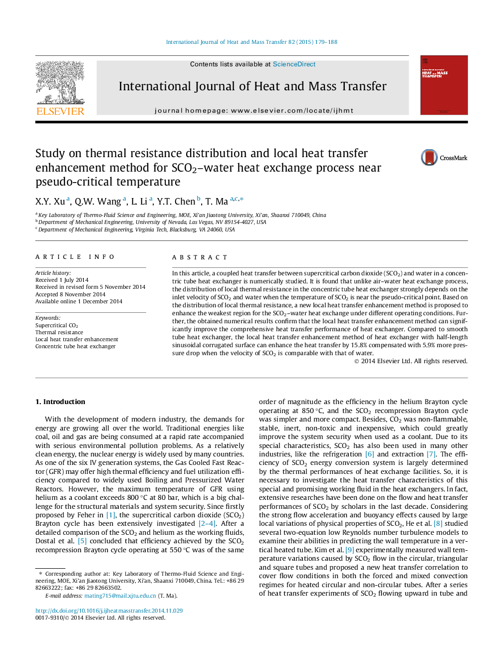 Study on thermal resistance distribution and local heat transfer enhancement method for SCO2–water heat exchange process near pseudo-critical temperature