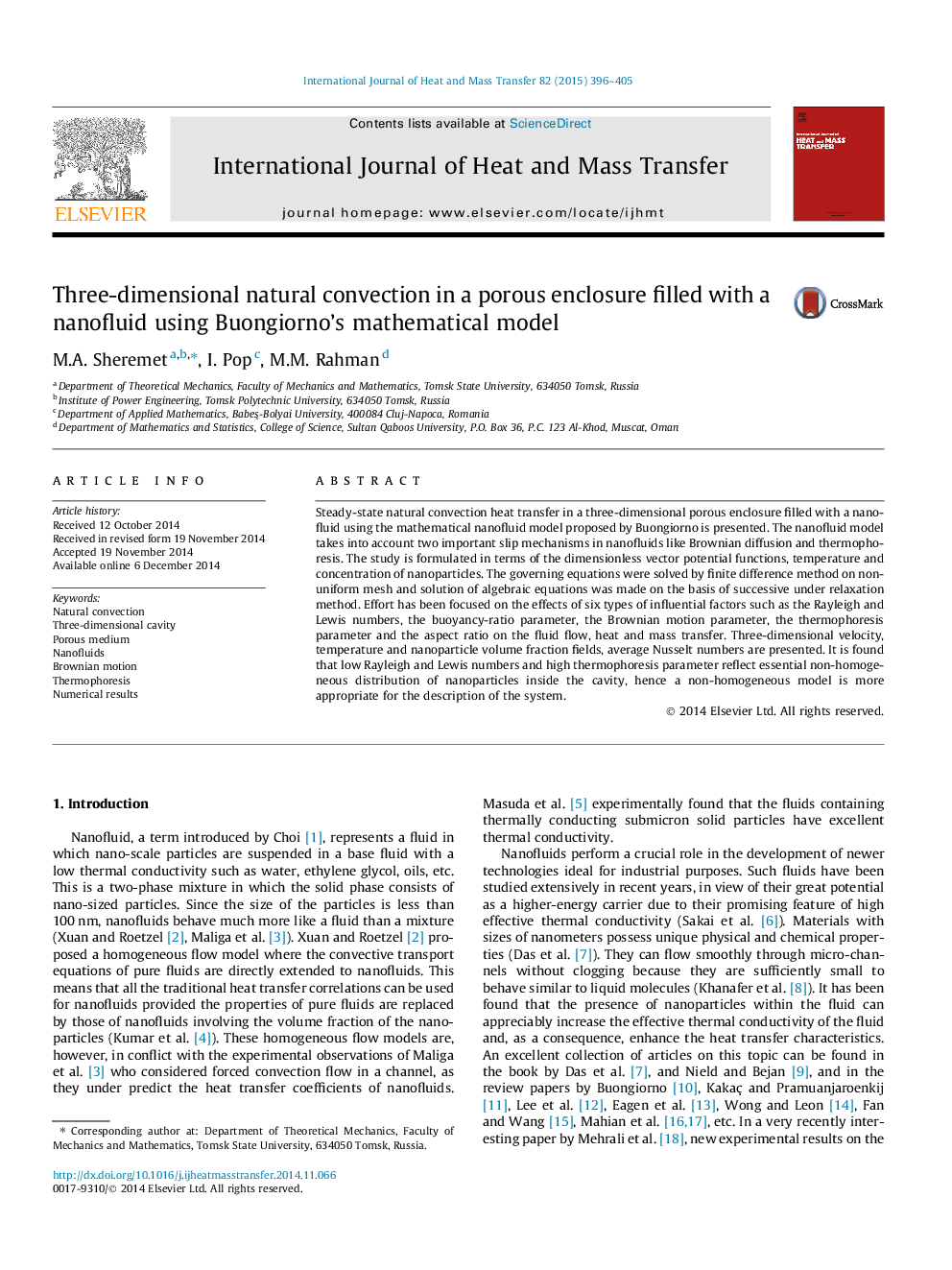 Three-dimensional natural convection in a porous enclosure filled with a nanofluid using Buongiorno’s mathematical model