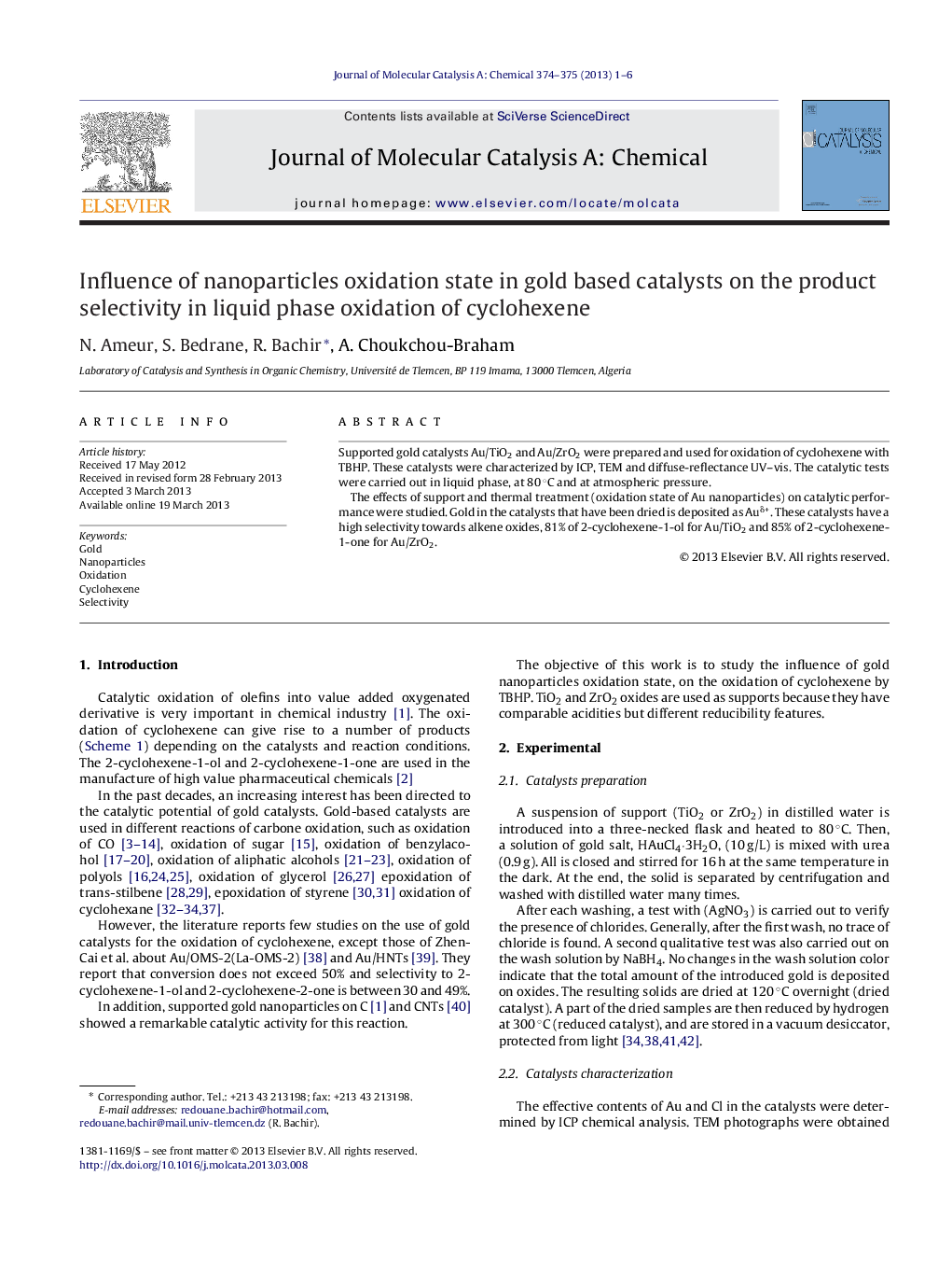 Influence of nanoparticles oxidation state in gold based catalysts on the product selectivity in liquid phase oxidation of cyclohexene