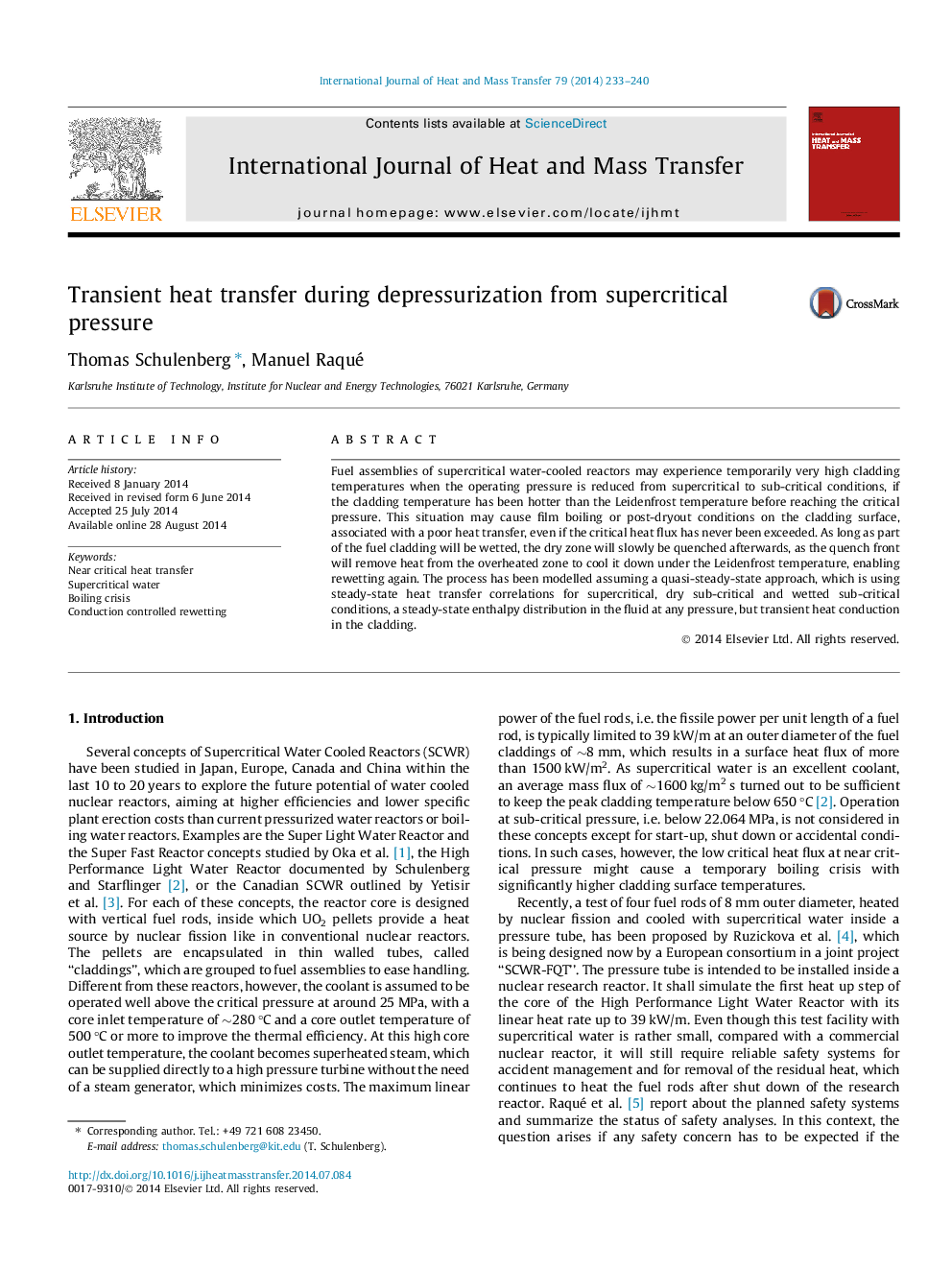 Transient heat transfer during depressurization from supercritical pressure